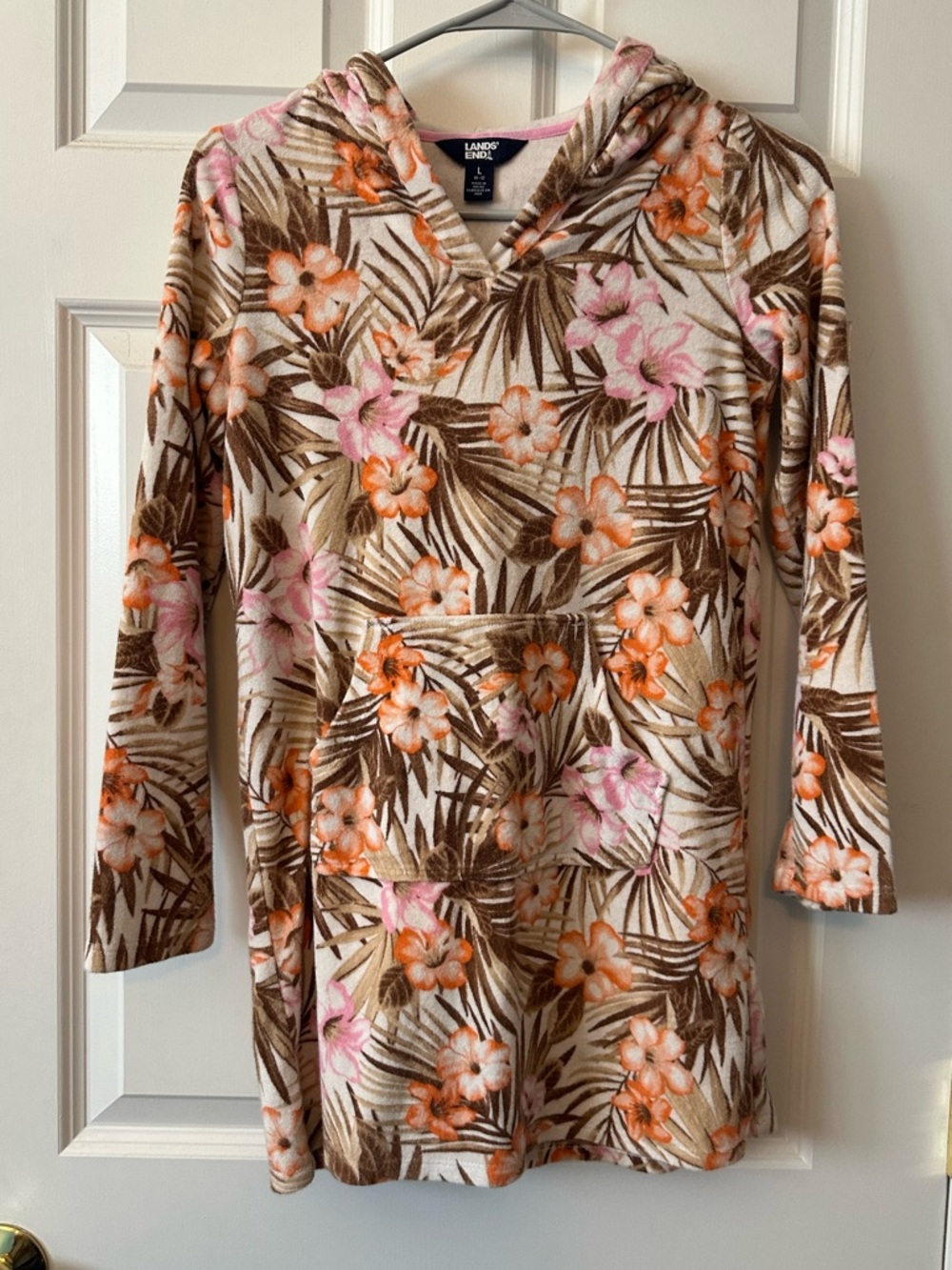 EUC Girls Lands End G Terry Kangaroo Pocket Civet Up Pink & Orange Flowers Sz L